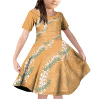 Aloha Pakalana and Puakenikeni Lei Family Matching Off Shoulder Short Dress and Hawaiian Shirt Gold Hawaiian Pattern LT9 Daughter's Dress Gold - Polynesian Pride