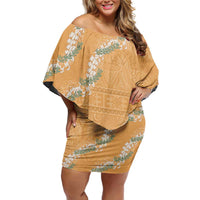 Aloha Pakalana and Puakenikeni Lei Family Matching Off Shoulder Short Dress and Hawaiian Shirt Gold Hawaiian Pattern LT9 Mom's Dress Gold - Polynesian Pride