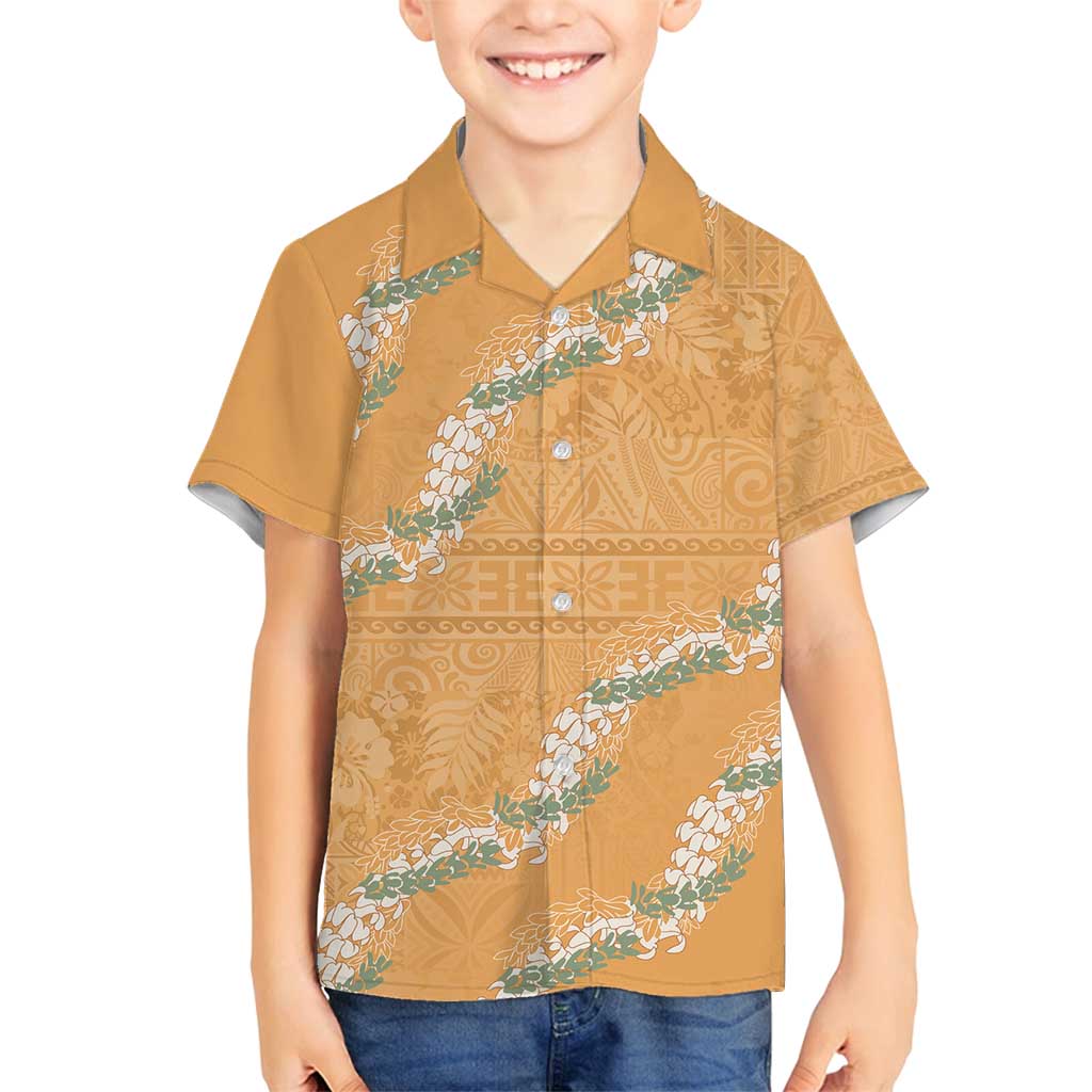 Aloha Pakalana and Puakenikeni Lei Family Matching Off Shoulder Short Dress and Hawaiian Shirt Gold Hawaiian Pattern LT9 Son's Shirt Gold - Polynesian Pride