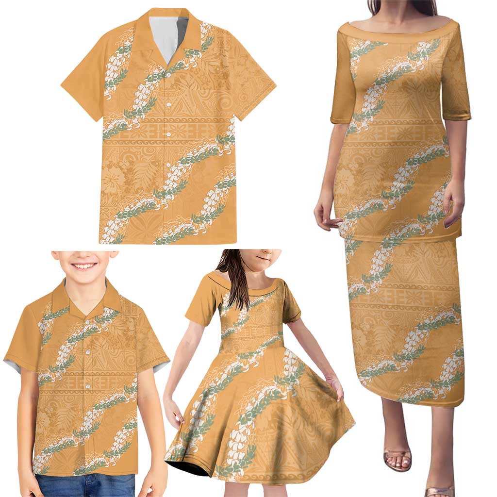 Aloha Pakalana and Puakenikeni Lei Family Matching Puletasi and Hawaiian Shirt Gold Hawaiian Pattern LT9 - Polynesian Pride