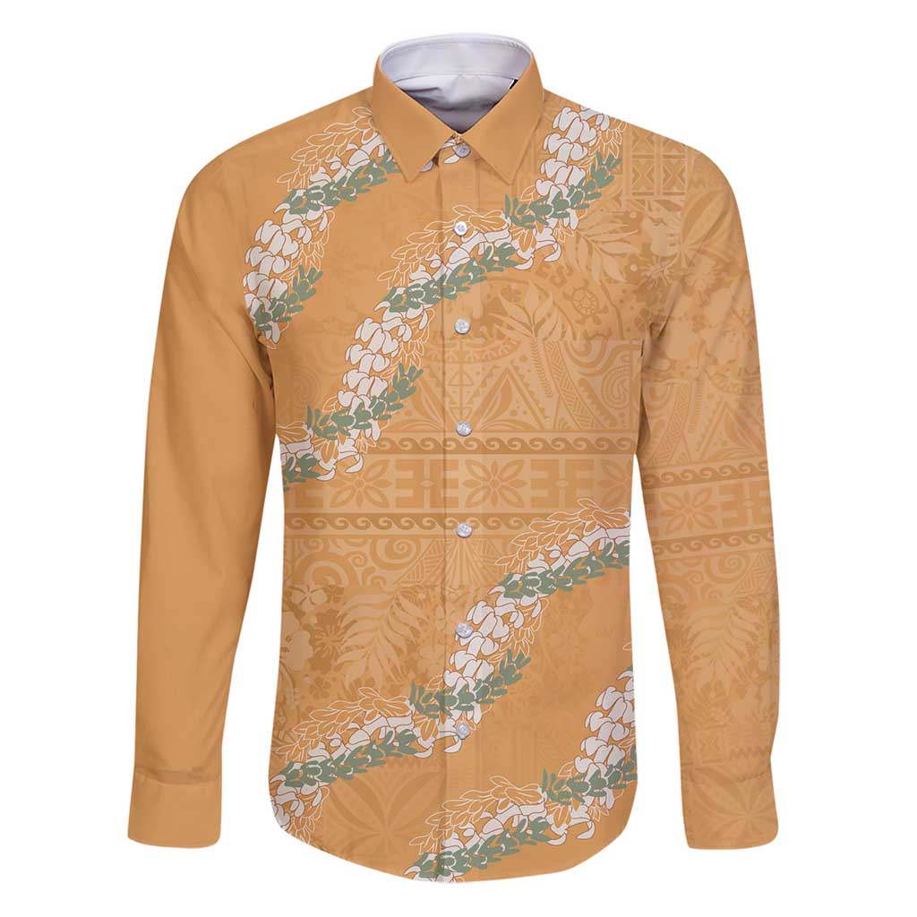 Aloha Pakalana and Puakenikeni Lei Family Matching Puletasi and Hawaiian Shirt Gold Hawaiian Pattern LT9 Dad's Shirt - Long Sleeve Gold - Polynesian Pride