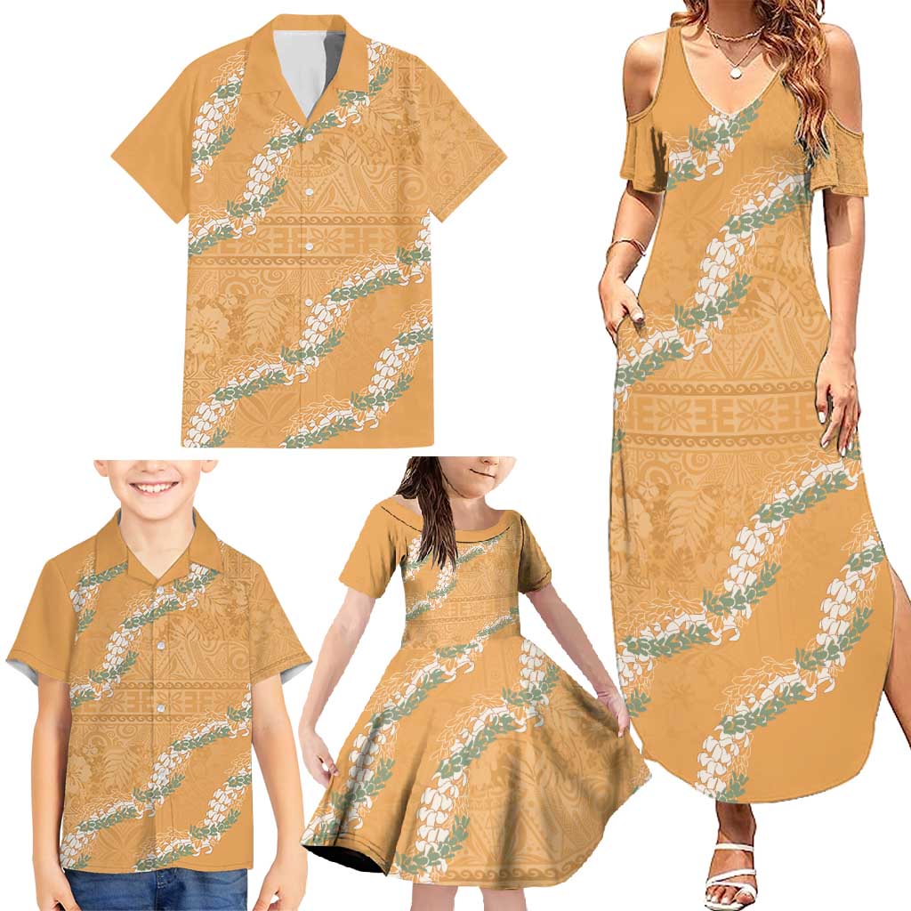 Aloha Pakalana and Puakenikeni Lei Family Matching Summer Maxi Dress and Hawaiian Shirt Gold Hawaiian Pattern LT9 - Polynesian Pride
