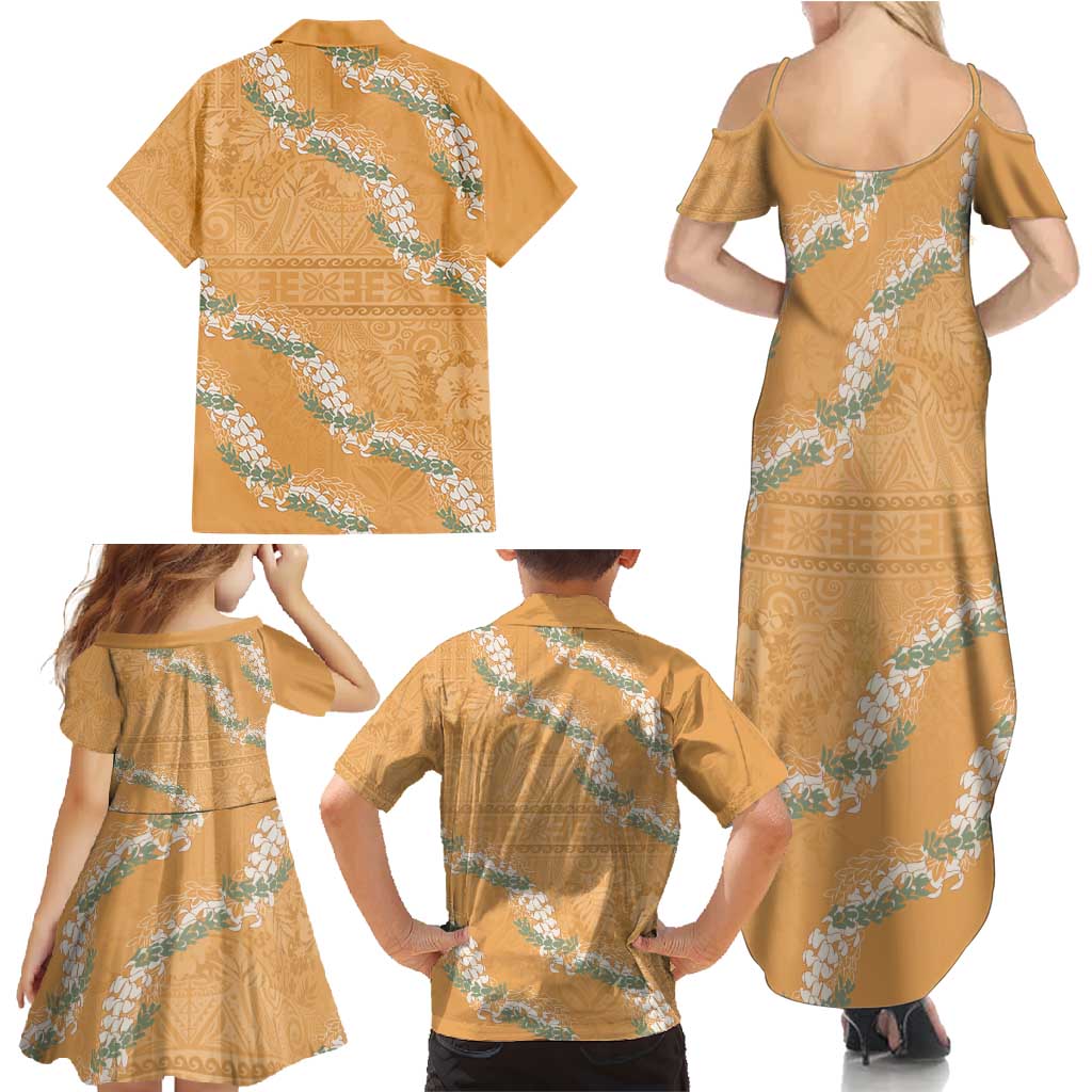 Aloha Pakalana and Puakenikeni Lei Family Matching Summer Maxi Dress and Hawaiian Shirt Gold Hawaiian Pattern LT9 - Polynesian Pride