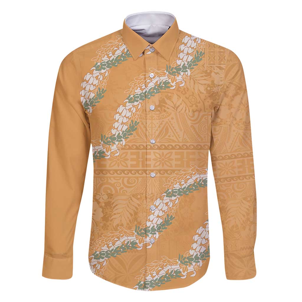 Aloha Pakalana and Puakenikeni Lei Family Matching Tank Maxi Dress and Hawaiian Shirt Gold Hawaiian Pattern LT9 Dad's Shirt - Long Sleeve Gold - Polynesian Pride