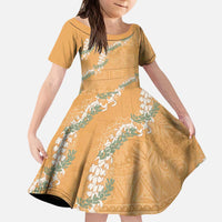 Aloha Pakalana and Puakenikeni Lei Kid Short Sleeve Dress Gold Hawaiian Pattern