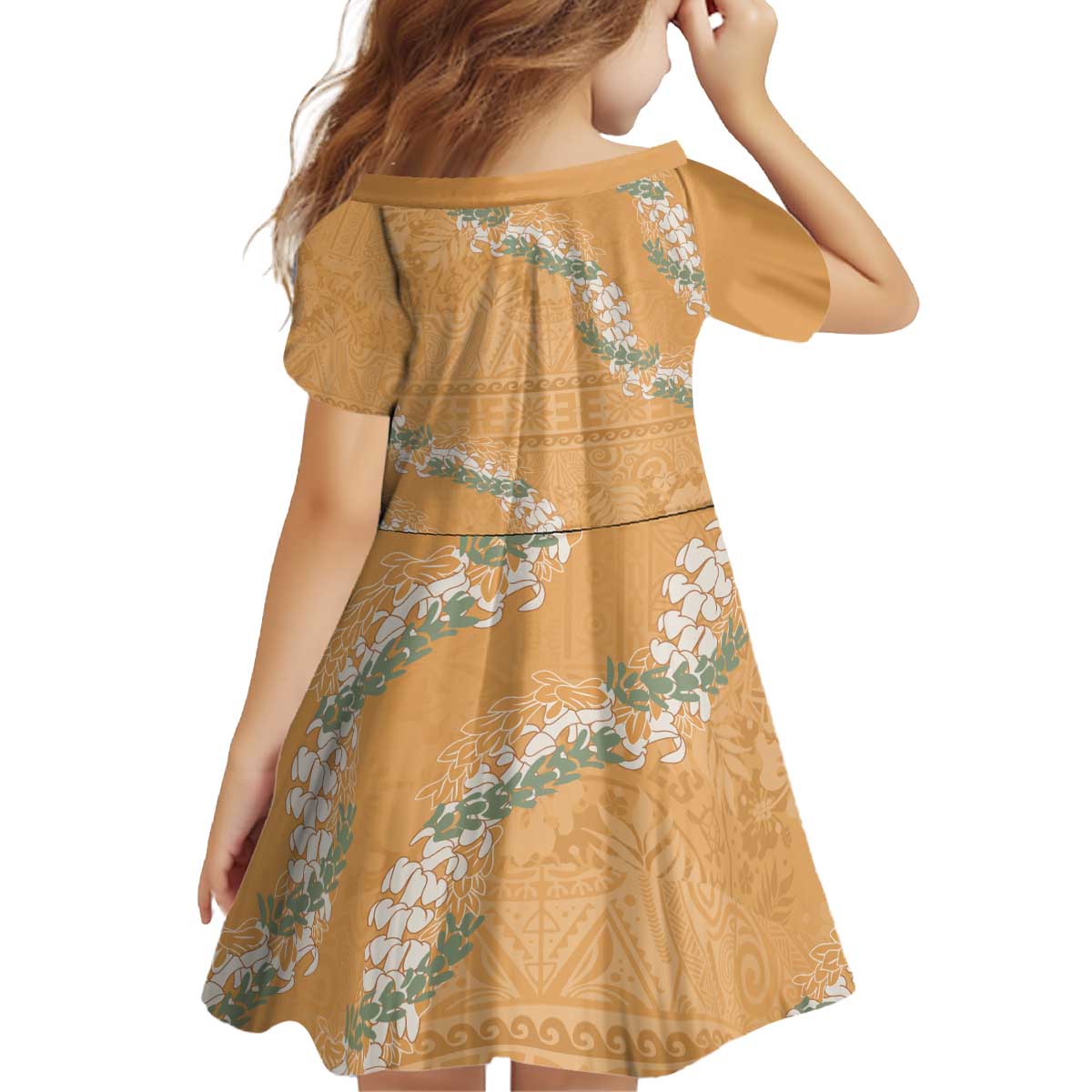 Aloha Pakalana and Puakenikeni Lei Kid Short Sleeve Dress Gold Hawaiian Pattern