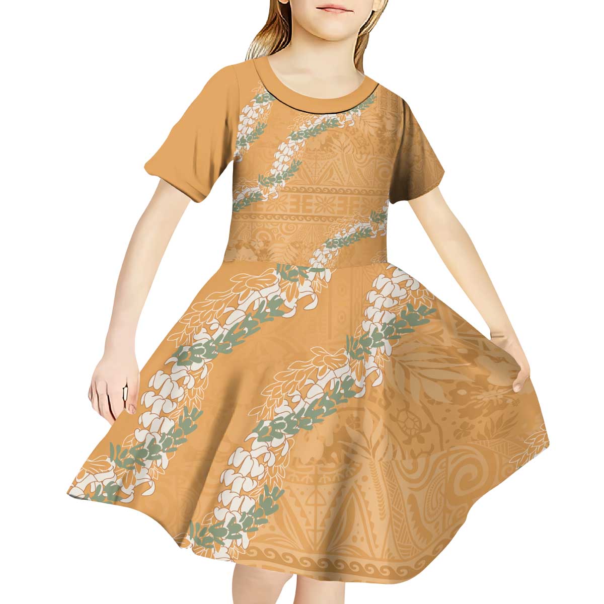 Aloha Pakalana and Puakenikeni Lei Kid Short Sleeve Dress Gold Hawaiian Pattern