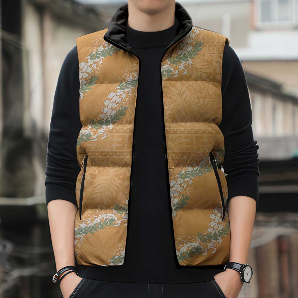 Aloha Pakalana and Puakenikeni Lei Sleeveless Puffer Jacket Gold Hawaiian Pattern - Polynesian Pride