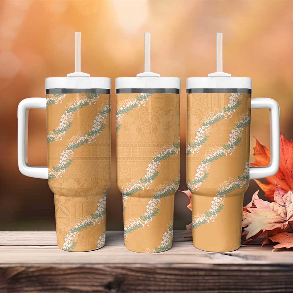 Aloha Pakalana and Puakenikeni Lei Tumbler With Handle Gold Hawaiian Pattern