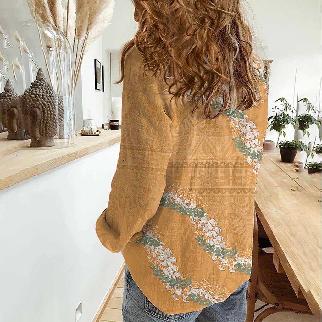 Aloha Pakalana and Puakenikeni Lei Women Casual Shirt Gold Hawaiian Pattern