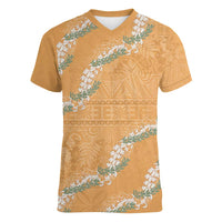 Aloha Pakalana and Puakenikeni Lei Women V-Neck T-Shirt Gold Hawaiian Pattern