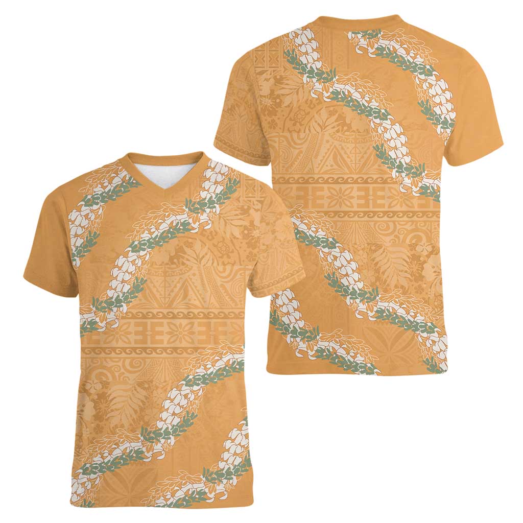 Aloha Pakalana and Puakenikeni Lei Women V-Neck T-Shirt Gold Hawaiian Pattern