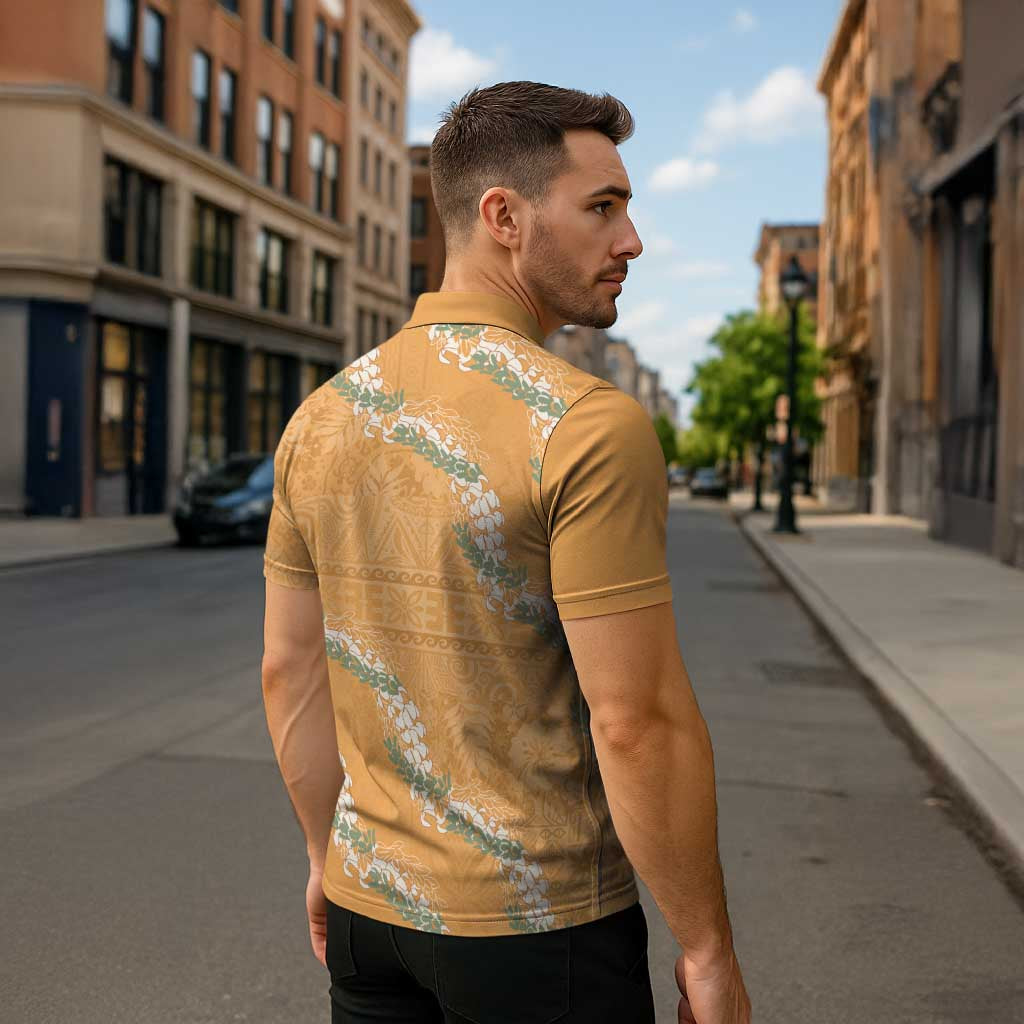 Aloha Pakalana and Puakenikeni Lei Zipper Polo Shirt Gold Hawaiian Pattern - Polynesian Pride