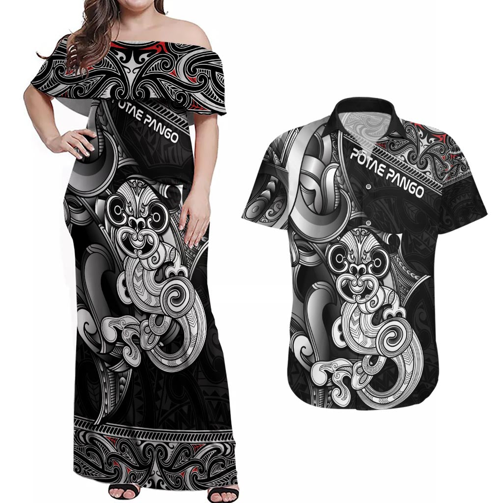 Personalised New Zealand Potae Pango Cricket Couples Matching Off Shoulder Maxi Dress and Hawaiian Shirt Special Maori Hei Tiki Tribal Tattoo LT9 Black - Polynesian Pride