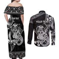 Personalised New Zealand Potae Pango Cricket Couples Matching Off Shoulder Maxi Dress and Long Sleeve Button Shirt Special Maori Hei Tiki Tribal Tattoo LT9 - Polynesian Pride