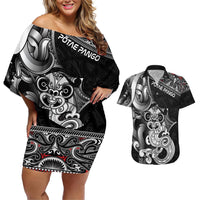 Personalised New Zealand Potae Pango Cricket Couples Matching Off Shoulder Short Dress and Hawaiian Shirt Special Maori Hei Tiki Tribal Tattoo LT9 Black - Polynesian Pride