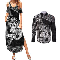 Personalised New Zealand Potae Pango Cricket Couples Matching Summer Maxi Dress and Long Sleeve Button Shirt Special Maori Hei Tiki Tribal Tattoo LT9 Black - Polynesian Pride