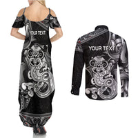 Personalised New Zealand Potae Pango Cricket Couples Matching Summer Maxi Dress and Long Sleeve Button Shirt Special Maori Hei Tiki Tribal Tattoo LT9 - Polynesian Pride