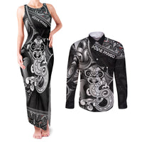 Personalised New Zealand Potae Pango Cricket Couples Matching Tank Maxi Dress and Long Sleeve Button Shirt Special Maori Hei Tiki Tribal Tattoo LT9 Black - Polynesian Pride