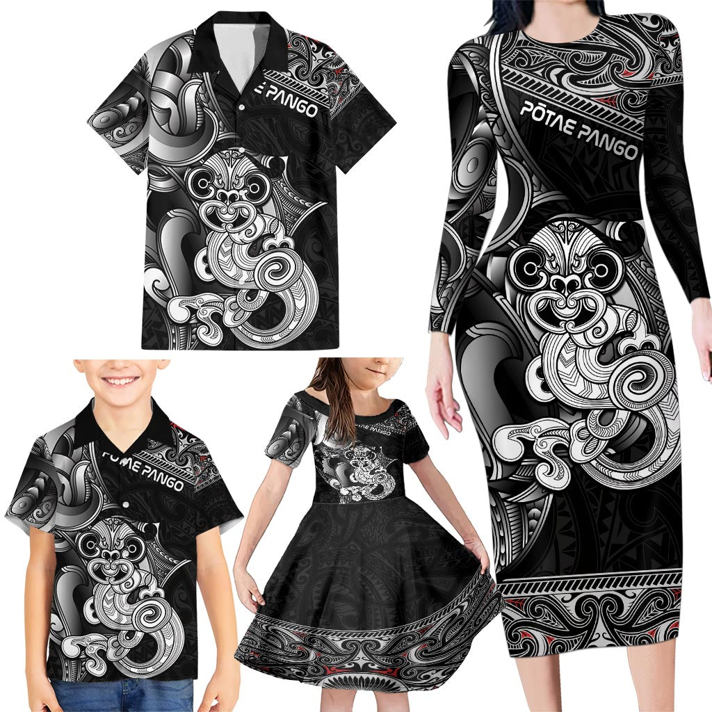 Personalised New Zealand Potae Pango Cricket Family Matching Long Sleeve Bodycon Dress and Hawaiian Shirt Special Maori Hei Tiki Tribal Tattoo LT9 - Polynesian Pride