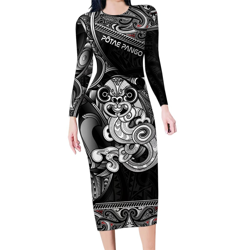 Personalised New Zealand Potae Pango Cricket Family Matching Long Sleeve Bodycon Dress and Hawaiian Shirt Special Maori Hei Tiki Tribal Tattoo LT9 Mom's Dress Black - Polynesian Pride