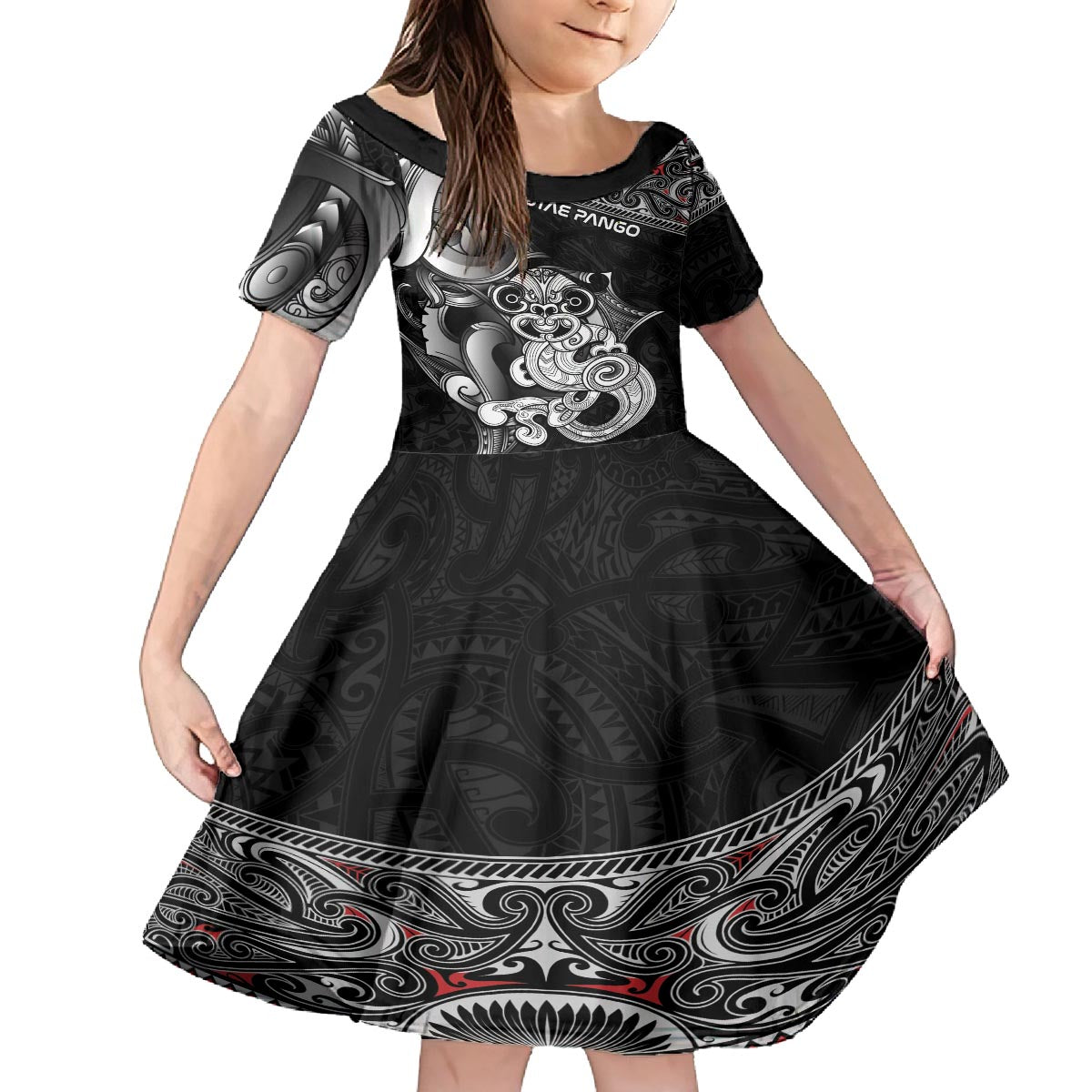 Personalised New Zealand Potae Pango Cricket Family Matching Off The Shoulder Long Sleeve Dress and Hawaiian Shirt Special Maori Hei Tiki Tribal Tattoo LT9 Daughter's Dress Black - Polynesian Pride