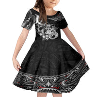 Personalised New Zealand Potae Pango Cricket Family Matching Off The Shoulder Long Sleeve Dress and Hawaiian Shirt Special Maori Hei Tiki Tribal Tattoo LT9 Daughter's Dress Black - Polynesian Pride