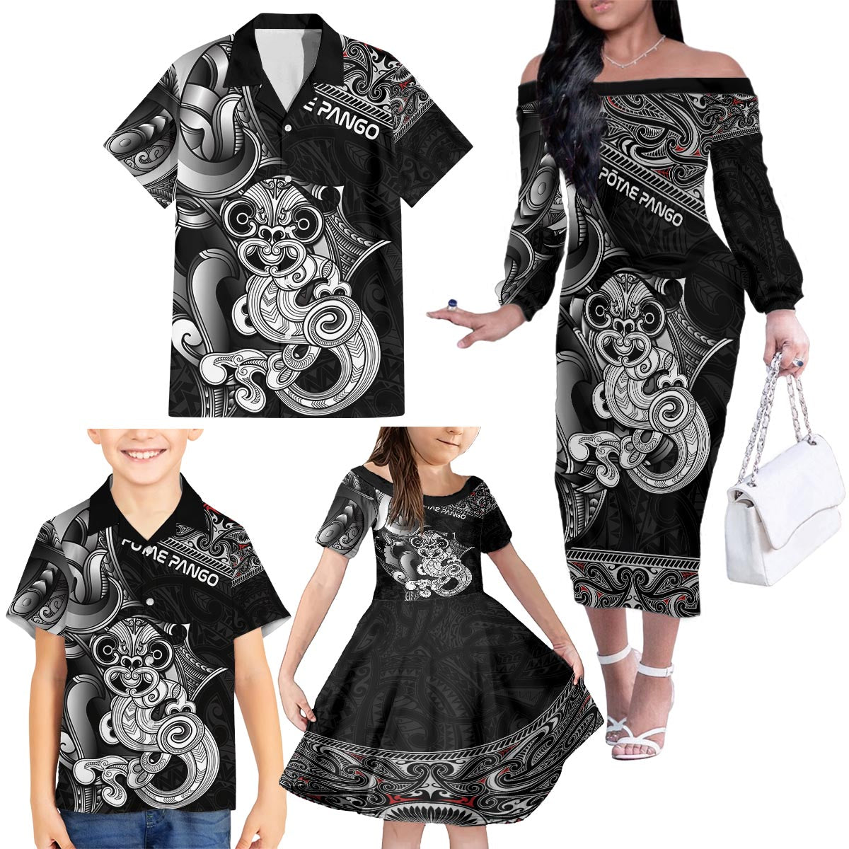 Personalised New Zealand Potae Pango Cricket Family Matching Off The Shoulder Long Sleeve Dress and Hawaiian Shirt Special Maori Hei Tiki Tribal Tattoo LT9 - Polynesian Pride