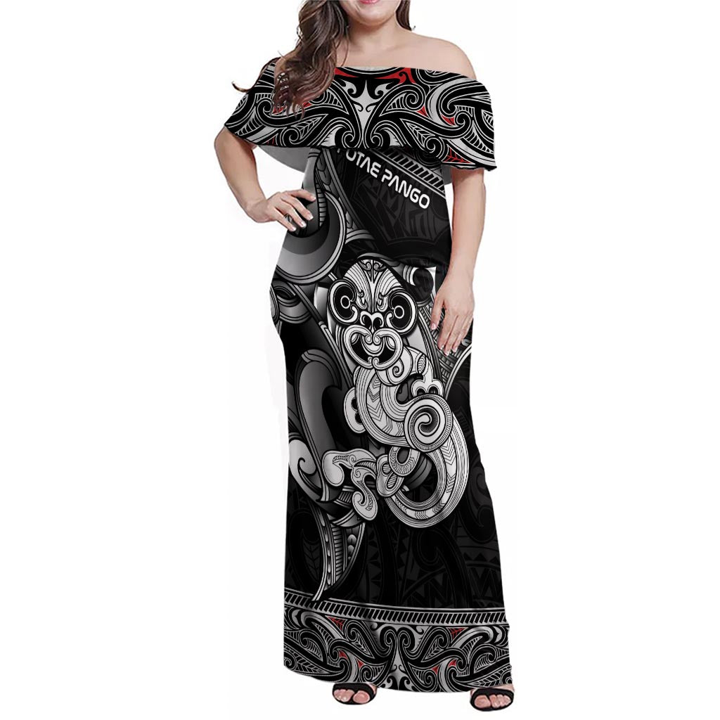 Personalised New Zealand Potae Pango Cricket Family Matching Off Shoulder Maxi Dress and Hawaiian Shirt Special Maori Hei Tiki Tribal Tattoo LT9 Mom's Dress Black - Polynesian Pride