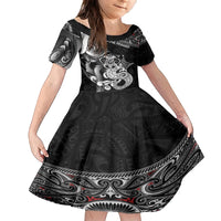 Personalised New Zealand Potae Pango Cricket Family Matching Off Shoulder Short Dress and Hawaiian Shirt Special Maori Hei Tiki Tribal Tattoo LT9 Daughter's Dress Black - Polynesian Pride