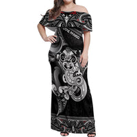 Personalised New Zealand Potae Pango Cricket Off Shoulder Maxi Dress Special Maori Hei Tiki Tribal Tattoo LT9 Women Black - Polynesian Pride