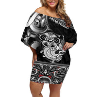 Personalised New Zealand Potae Pango Cricket Off Shoulder Short Dress Special Maori Hei Tiki Tribal Tattoo LT9 Women Black - Polynesian Pride