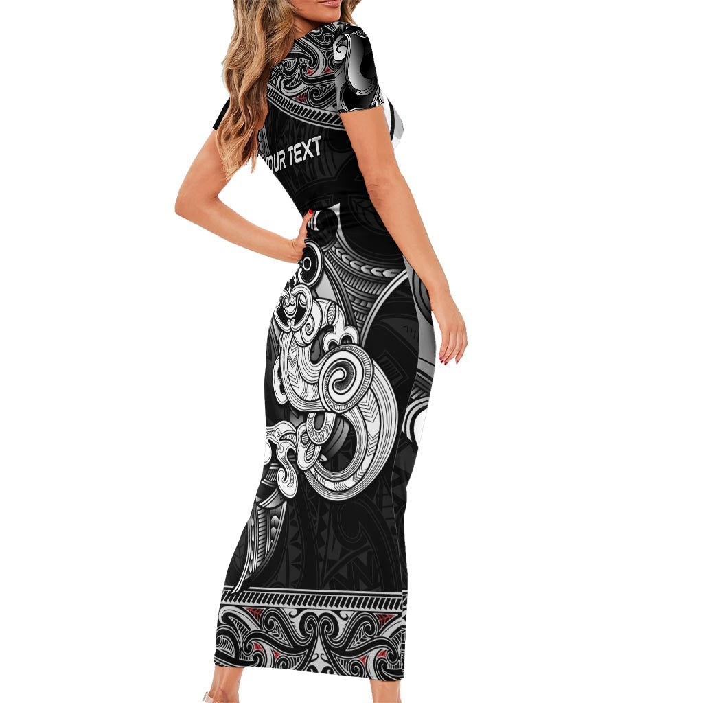 Personalised New Zealand Potae Pango Cricket Short Sleeve Bodycon Dress Special Maori Hei Tiki Tribal Tattoo LT9 - Polynesian Pride