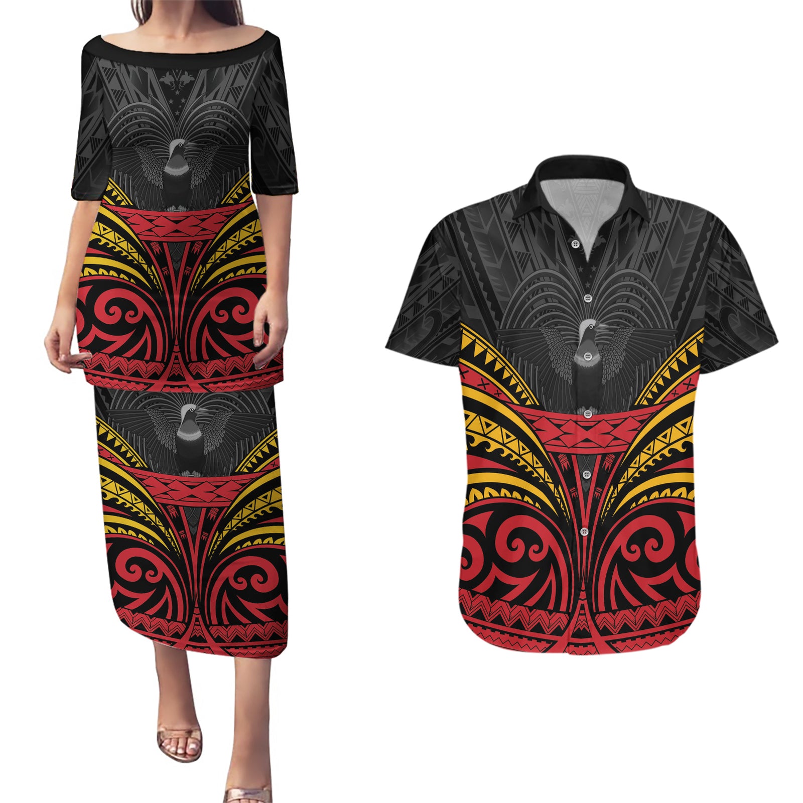 Custom Papua New Guinea Cricket Couples Matching Puletasi and Hawaiian Shirt PNG Emblem Mix Polyneisan Pattern