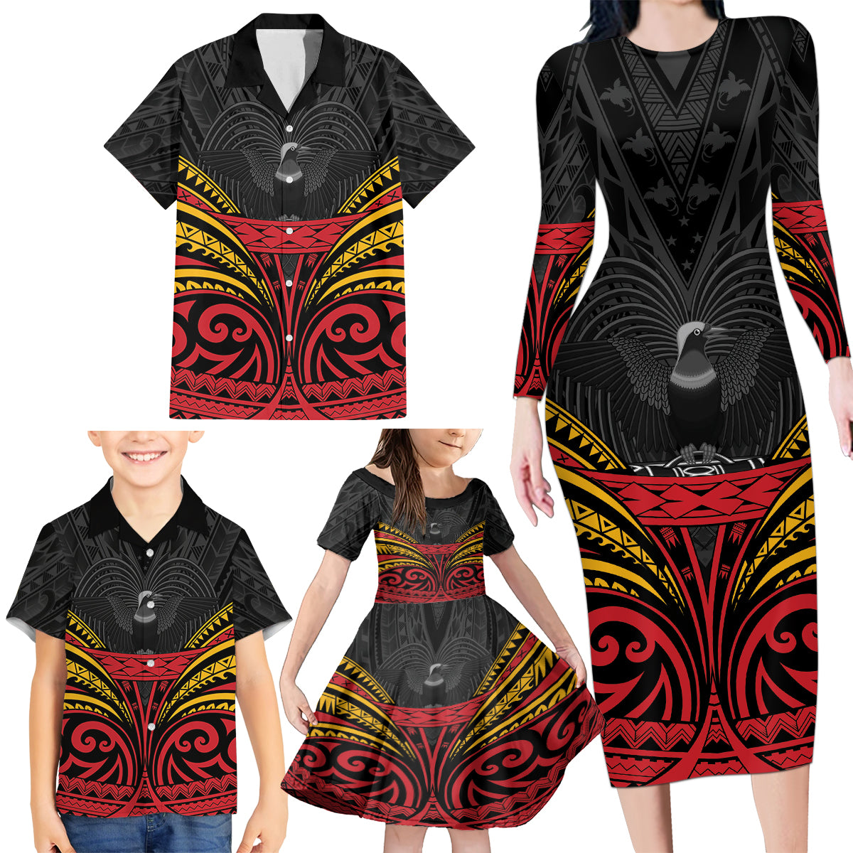 Custom Papua New Guinea Cricket Family Matching Long Sleeve Bodycon Dress and Hawaiian Shirt PNG Emblem Mix Polyneisan Pattern LT9 - Polynesian Pride