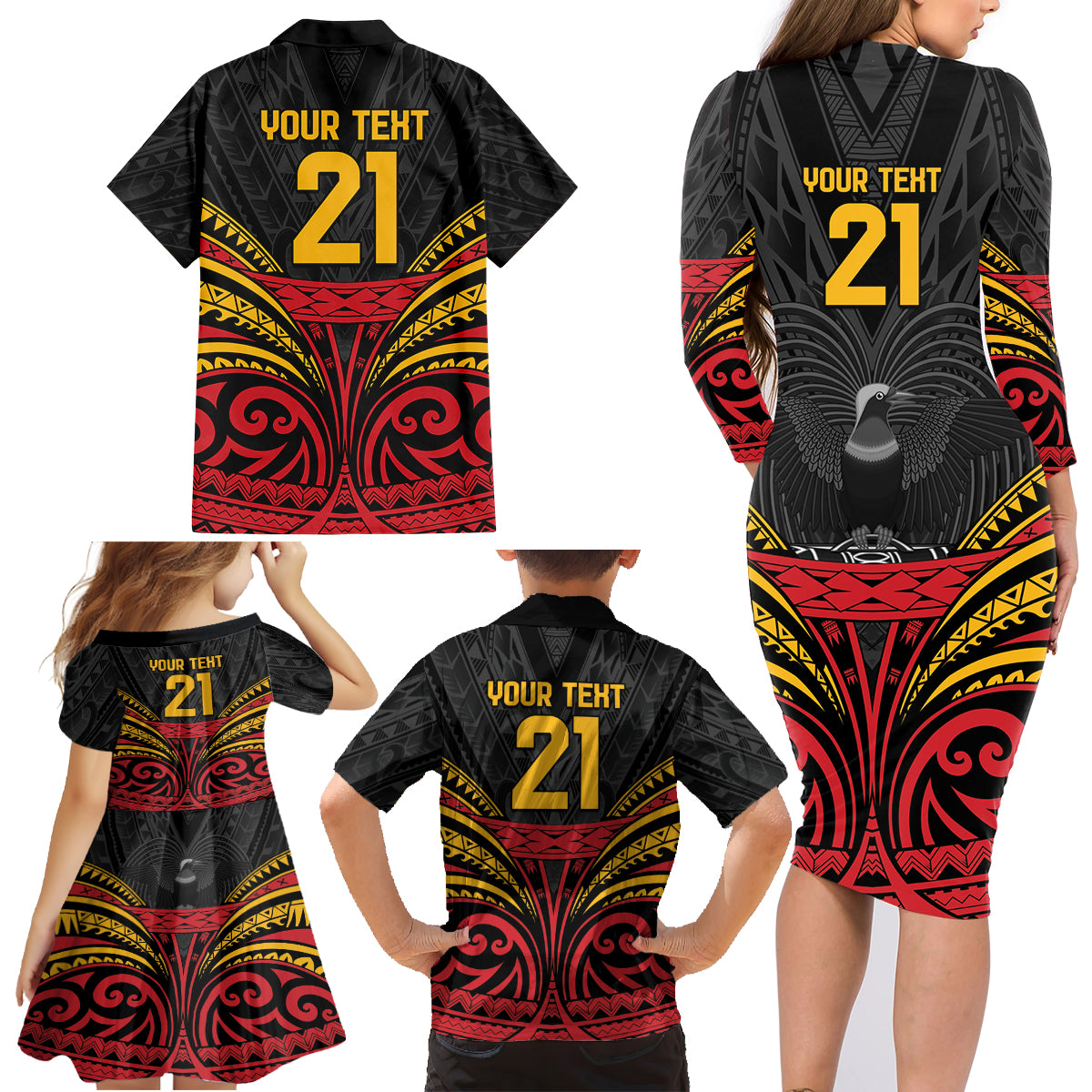 Custom Papua New Guinea Cricket Family Matching Long Sleeve Bodycon Dress and Hawaiian Shirt PNG Emblem Mix Polyneisan Pattern LT9 - Polynesian Pride