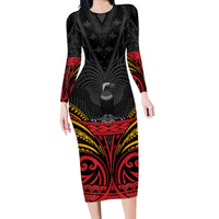 Custom Papua New Guinea Cricket Family Matching Long Sleeve Bodycon Dress and Hawaiian Shirt PNG Emblem Mix Polyneisan Pattern LT9 Mom's Dress Black - Polynesian Pride