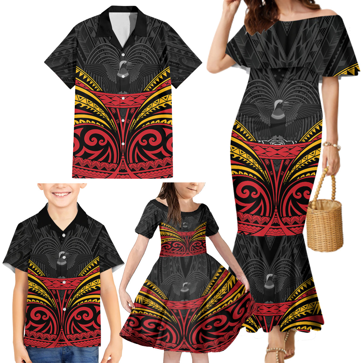 Custom Papua New Guinea Cricket Family Matching Mermaid Dress and Hawaiian Shirt PNG Emblem Mix Polyneisan Pattern LT9 - Polynesian Pride