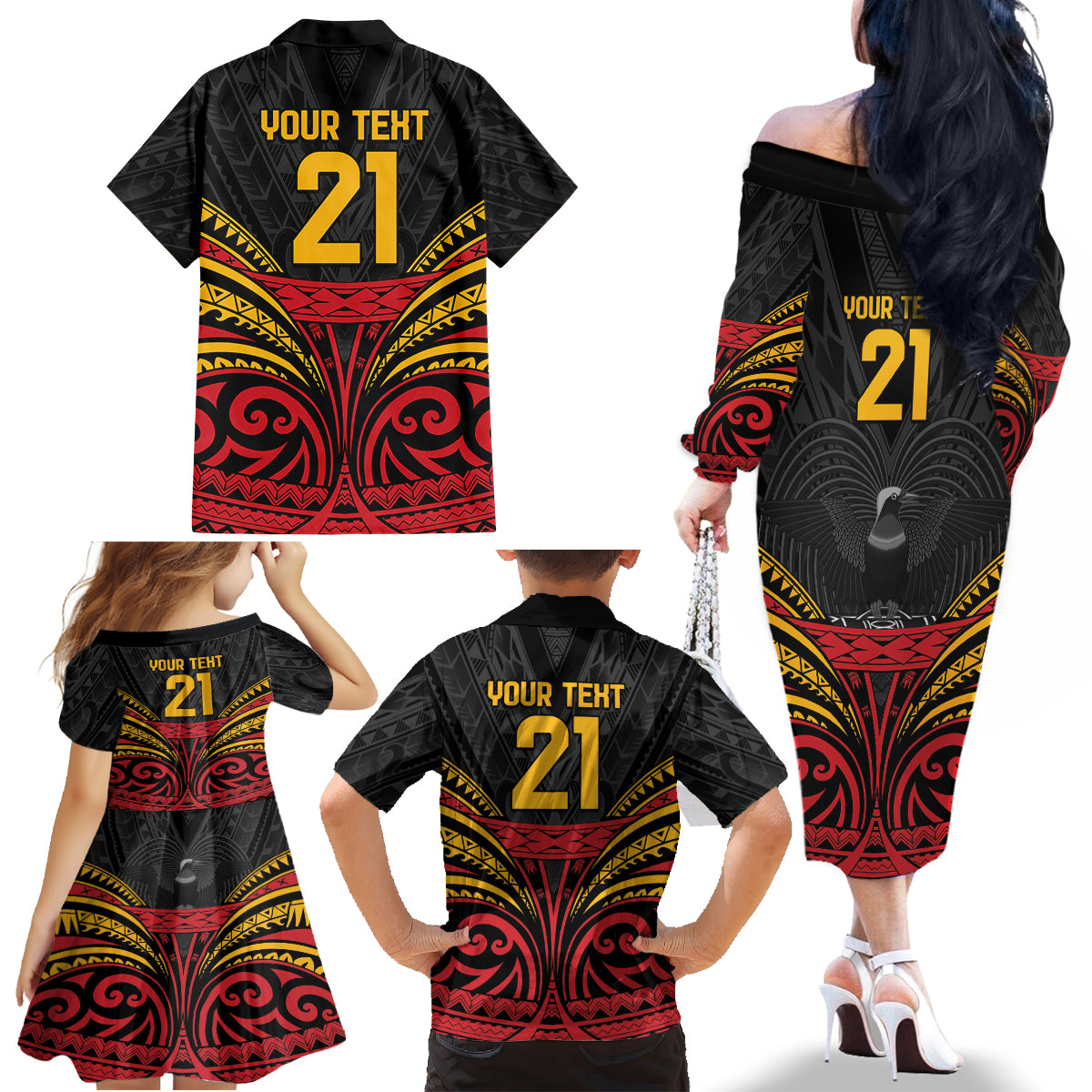 Custom Papua New Guinea Cricket Family Matching Off The Shoulder Long Sleeve Dress and Hawaiian Shirt PNG Emblem Mix Polyneisan Pattern LT9 - Polynesian Pride