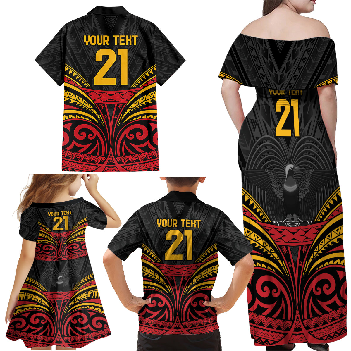 Custom Papua New Guinea Cricket Family Matching Off Shoulder Maxi Dress and Hawaiian Shirt PNG Emblem Mix Polyneisan Pattern LT9 - Polynesian Pride