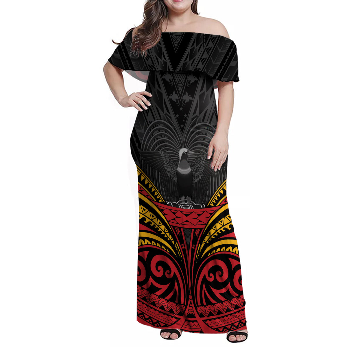 Custom Papua New Guinea Cricket Family Matching Off Shoulder Maxi Dress and Hawaiian Shirt PNG Emblem Mix Polyneisan Pattern LT9 Mom's Dress Black - Polynesian Pride