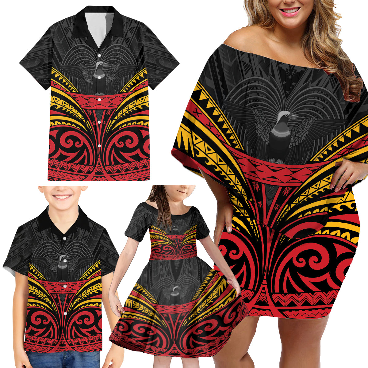 Custom Papua New Guinea Cricket Family Matching Off Shoulder Short Dress and Hawaiian Shirt PNG Emblem Mix Polyneisan Pattern LT9 - Polynesian Pride