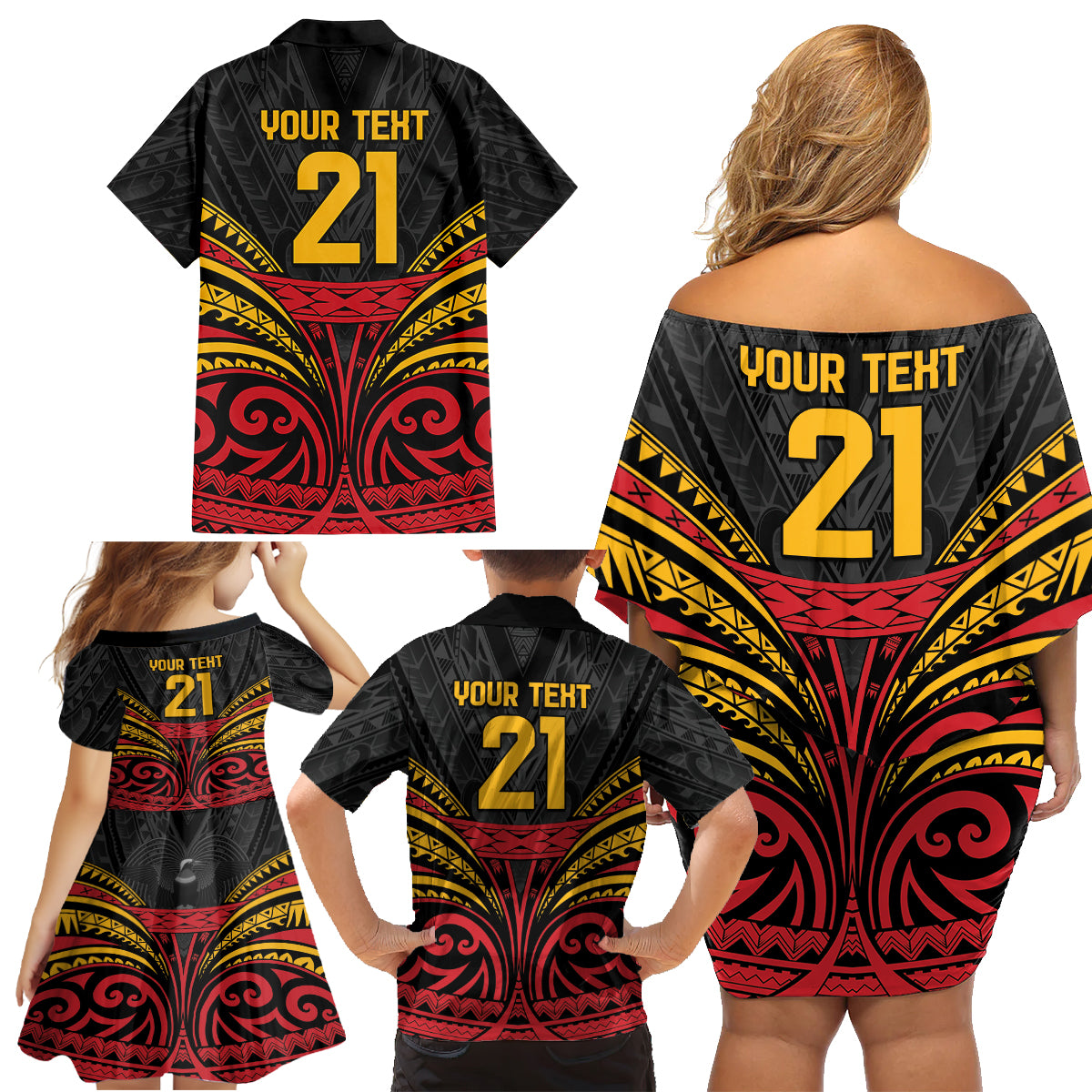 Custom Papua New Guinea Cricket Family Matching Off Shoulder Short Dress and Hawaiian Shirt PNG Emblem Mix Polyneisan Pattern LT9 - Polynesian Pride