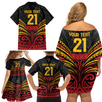 Custom Papua New Guinea Cricket Family Matching Off Shoulder Short Dress and Hawaiian Shirt PNG Emblem Mix Polyneisan Pattern LT9 - Polynesian Pride