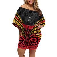 Custom Papua New Guinea Cricket Family Matching Off Shoulder Short Dress and Hawaiian Shirt PNG Emblem Mix Polyneisan Pattern LT9 Mom's Dress Black - Polynesian Pride