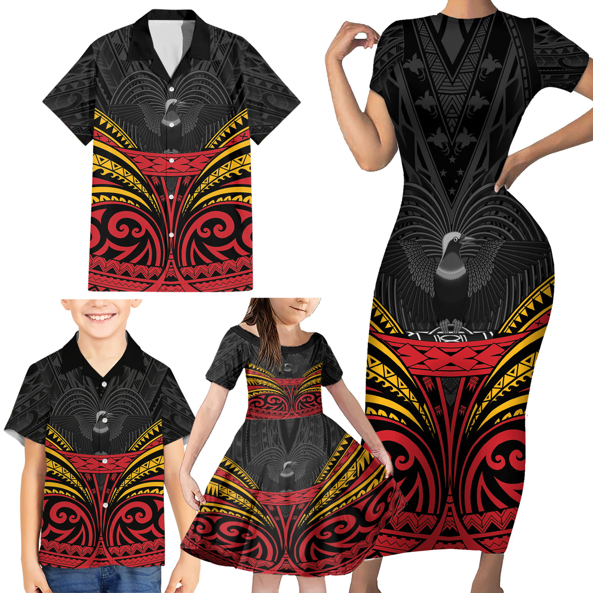 Custom Papua New Guinea Cricket Family Matching Short Sleeve Bodycon Dress and Hawaiian Shirt PNG Emblem Mix Polyneisan Pattern LT9 - Polynesian Pride