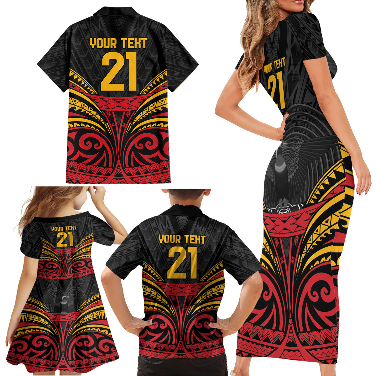 Custom Papua New Guinea Cricket Family Matching Short Sleeve Bodycon Dress and Hawaiian Shirt PNG Emblem Mix Polyneisan Pattern LT9 - Polynesian Pride