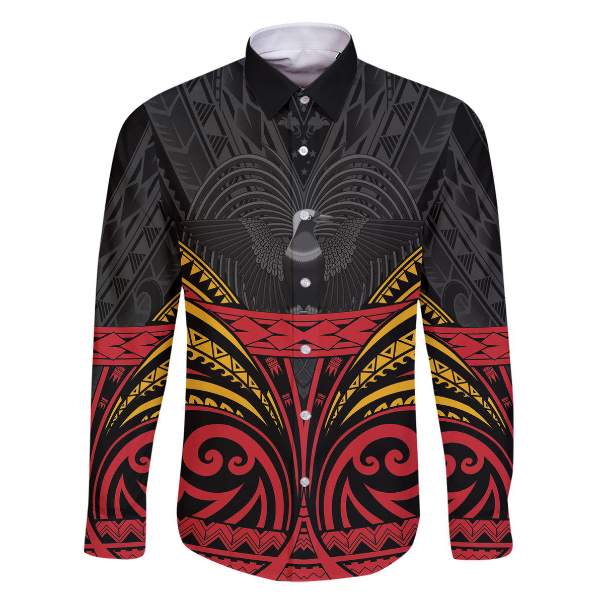 Custom Papua New Guinea Cricket Family Matching Short Sleeve Bodycon Dress and Hawaiian Shirt PNG Emblem Mix Polyneisan Pattern LT9 Dad's Shirt - Long Sleeve Black - Polynesian Pride
