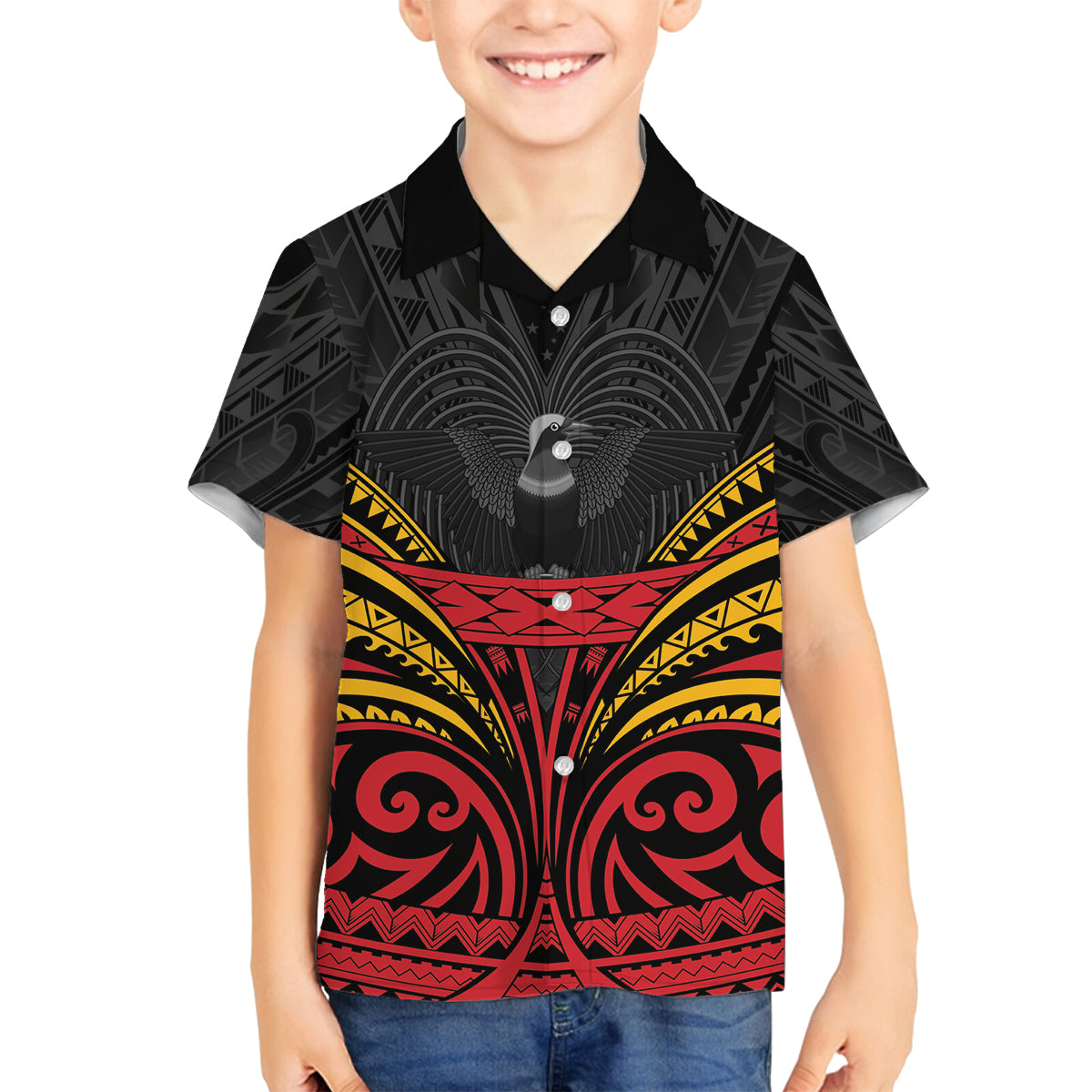 Custom Papua New Guinea Cricket Family Matching Summer Maxi Dress and Hawaiian Shirt PNG Emblem Mix Polyneisan Pattern LT9 Son's Shirt Black - Polynesian Pride
