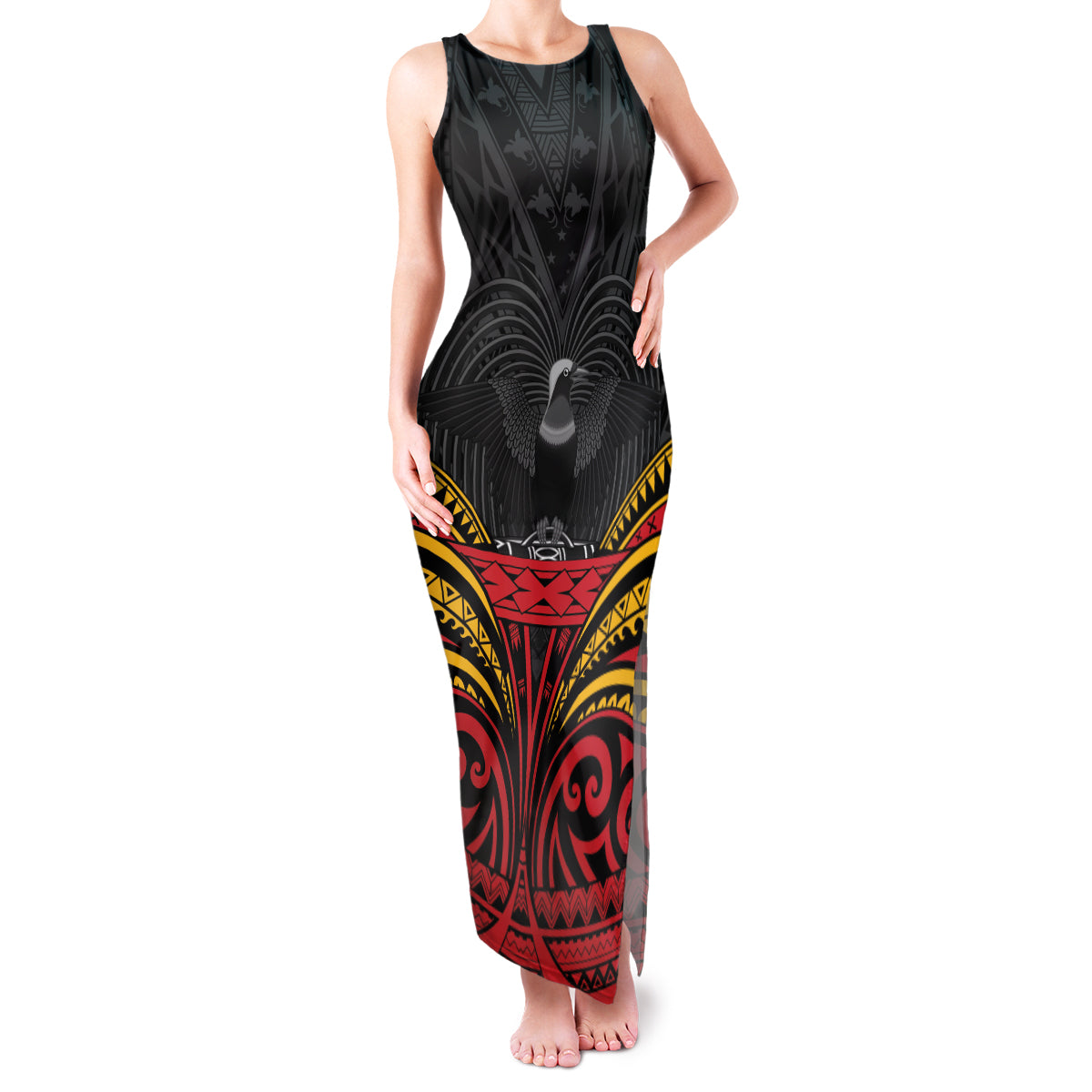 Custom Papua New Guinea Cricket Family Matching Tank Maxi Dress and Hawaiian Shirt PNG Emblem Mix Polyneisan Pattern LT9 Mom's Dress Black - Polynesian Pride